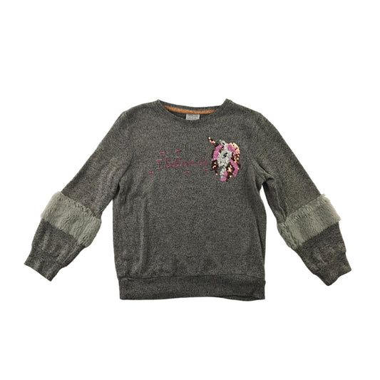 F&F Jumper Age 6 Light Grey with Sequin Unicorn and Text Graphic