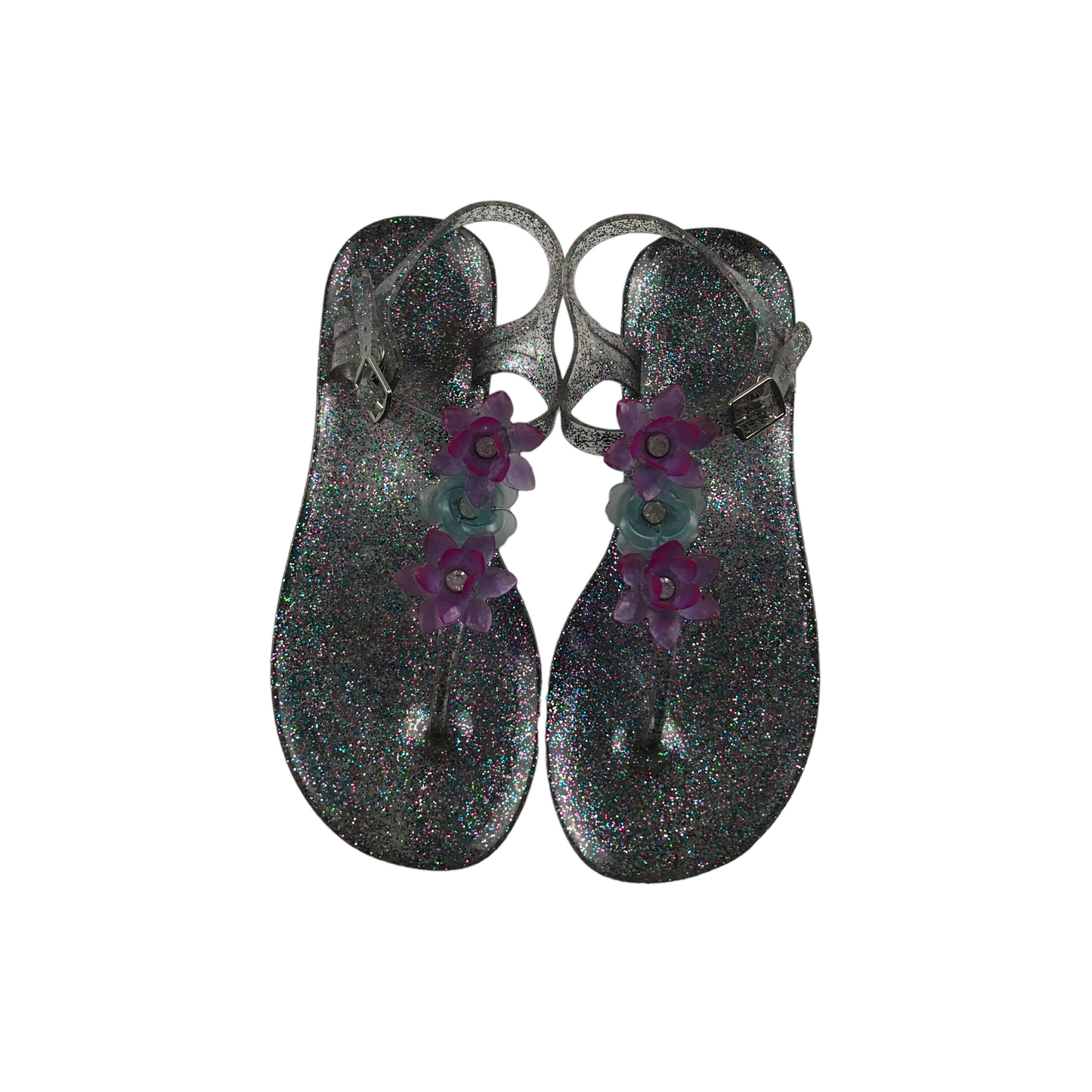 Silver Glitter Jelly Flower Sandals Shoe Size 4