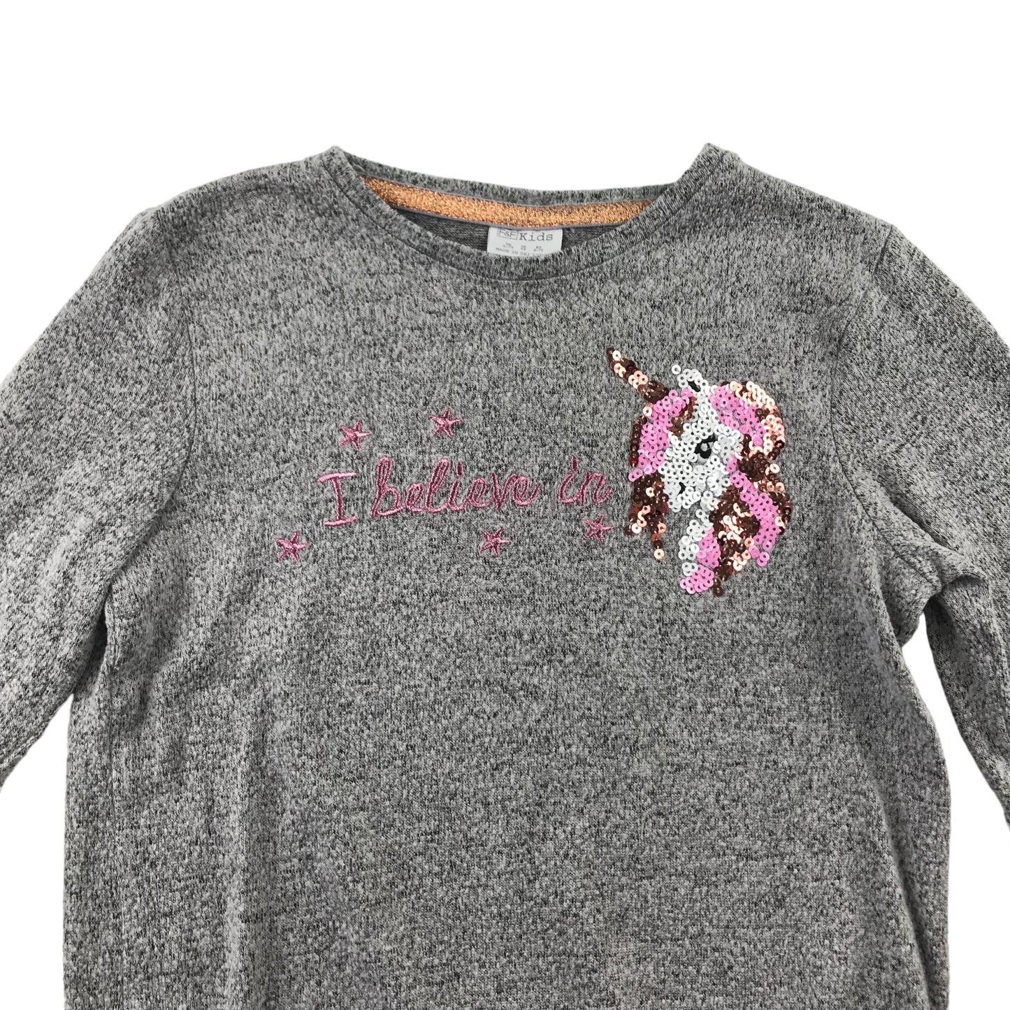 F&F Jumper Age 6 Light Grey with Sequin Unicorn and Text Graphic