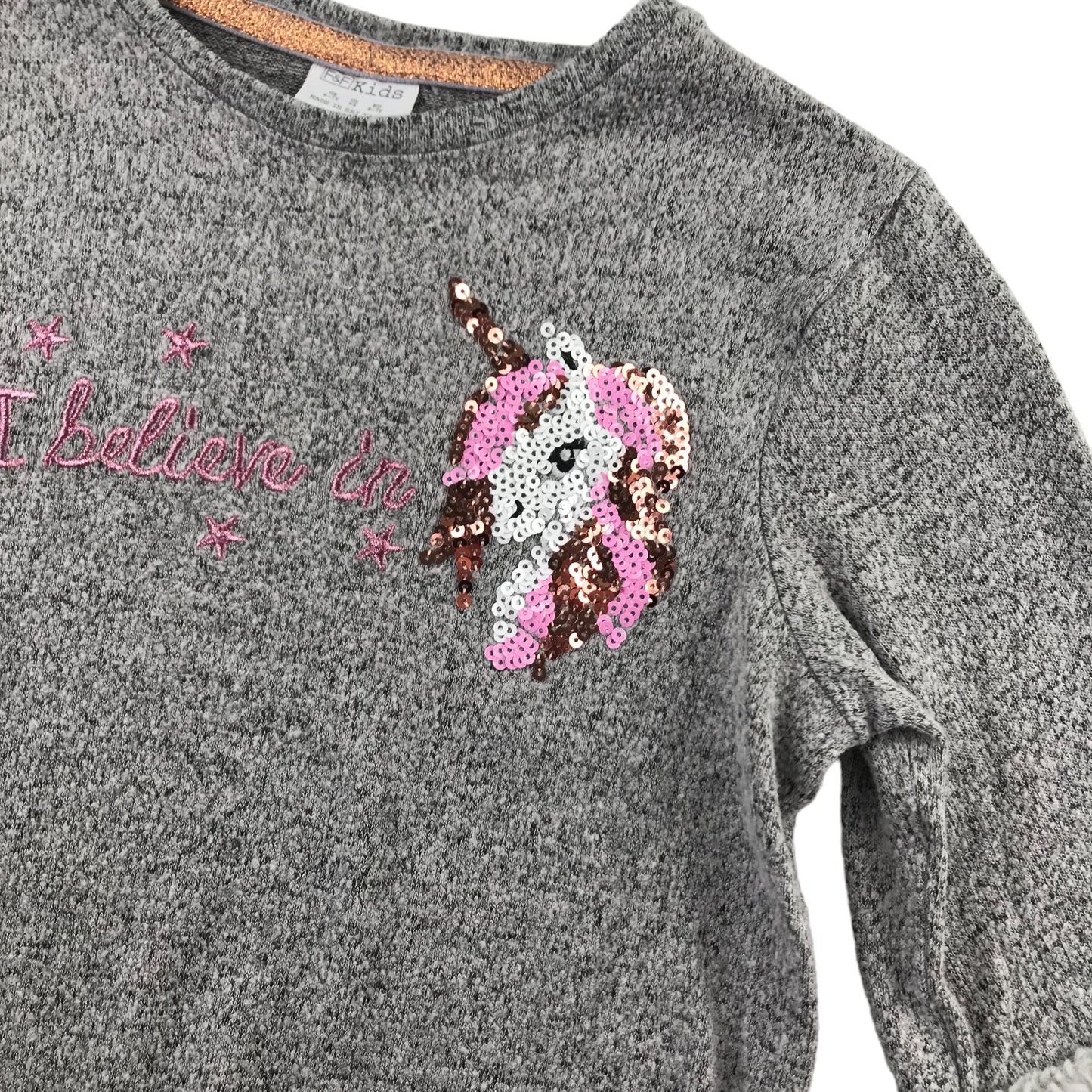 F&F Jumper Age 6 Light Grey with Sequin Unicorn and Text Graphic