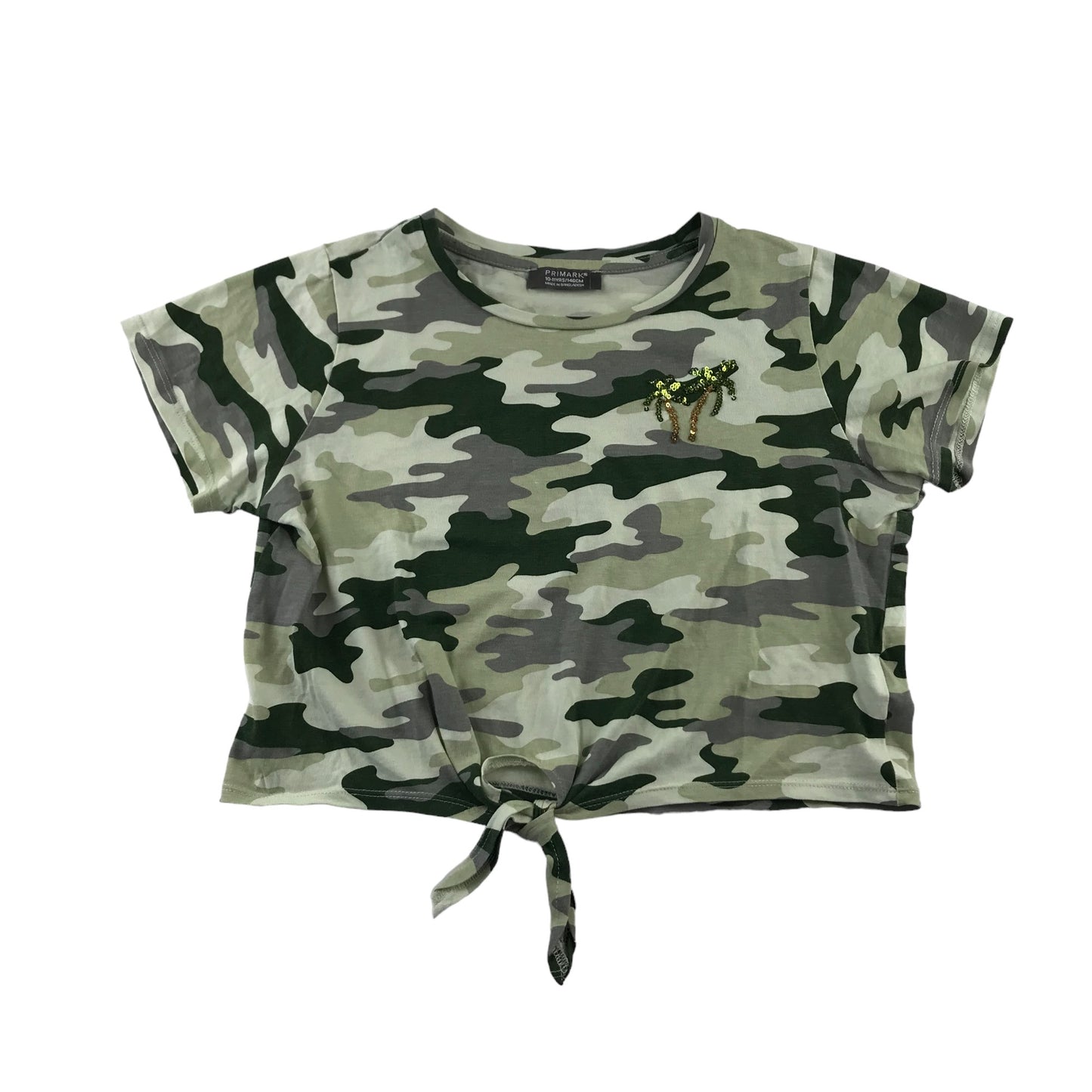 Primark t-shirt 10-11 years khaki camo cropped short sleeve sequin palm tree