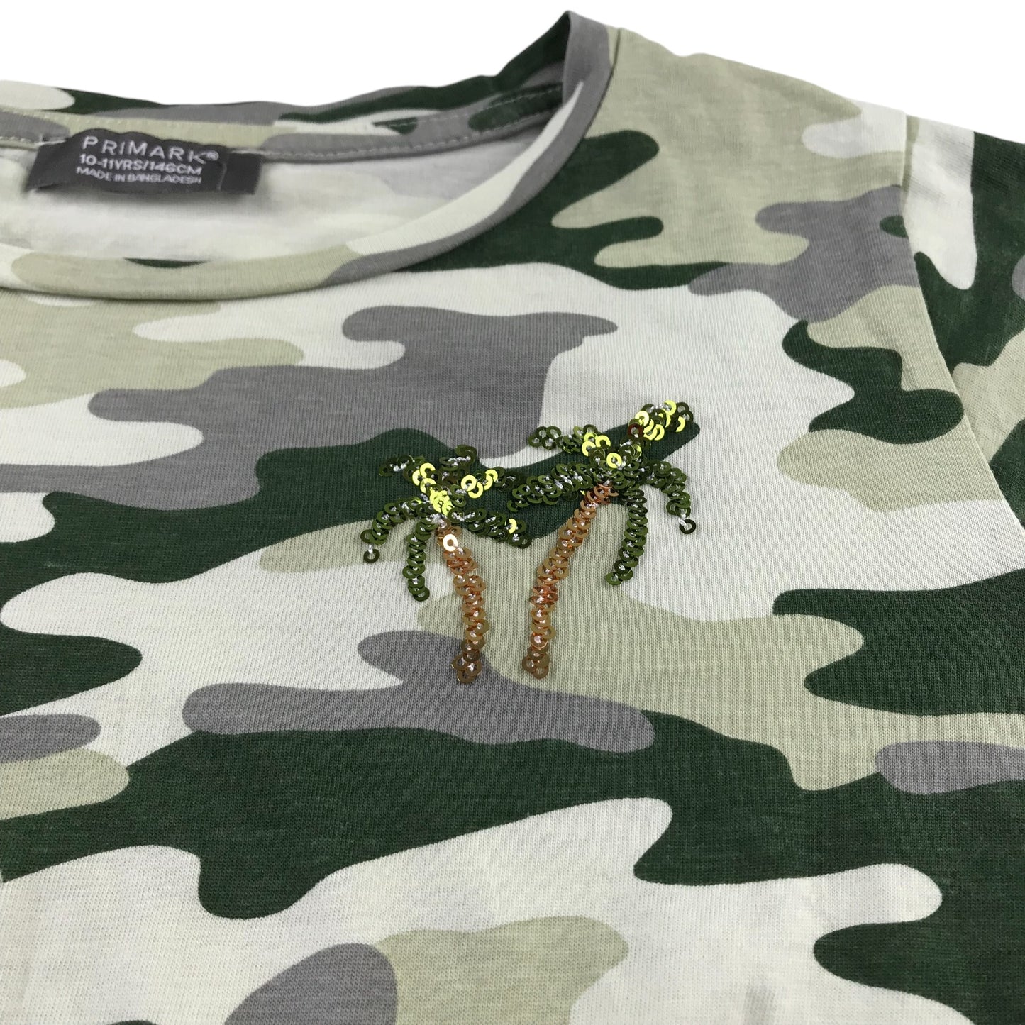 Primark t-shirt 10-11 years khaki camo cropped short sleeve sequin palm tree