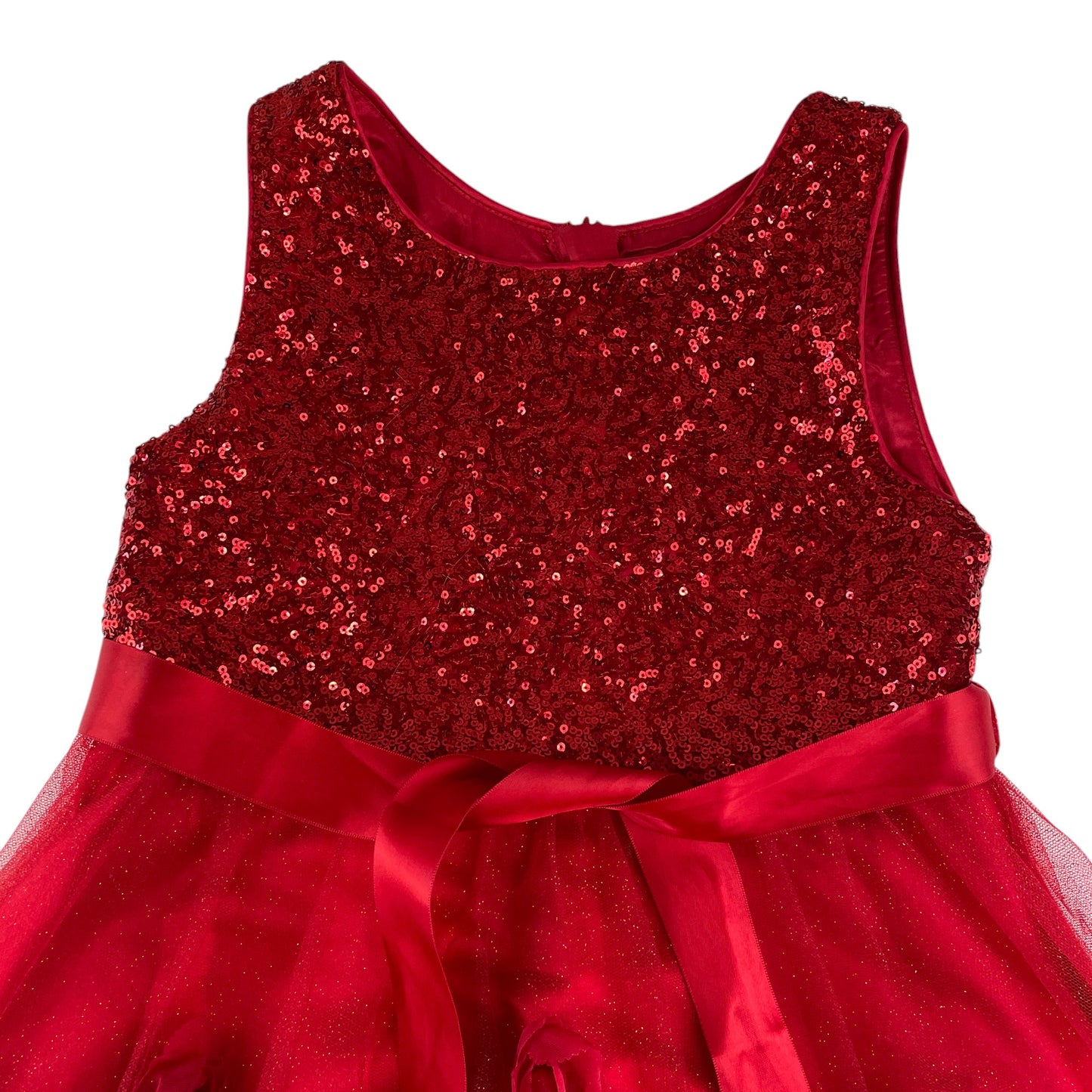 Monsoon dress 8-9 years red sequin top with rose detailed uneven hem