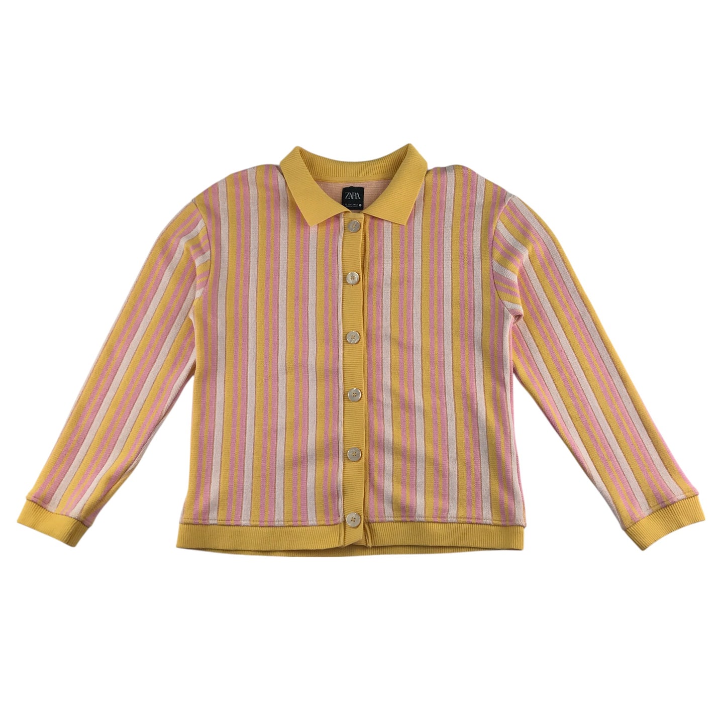 Zara cardigan women's size S pink and yellow stripy button up with collars
