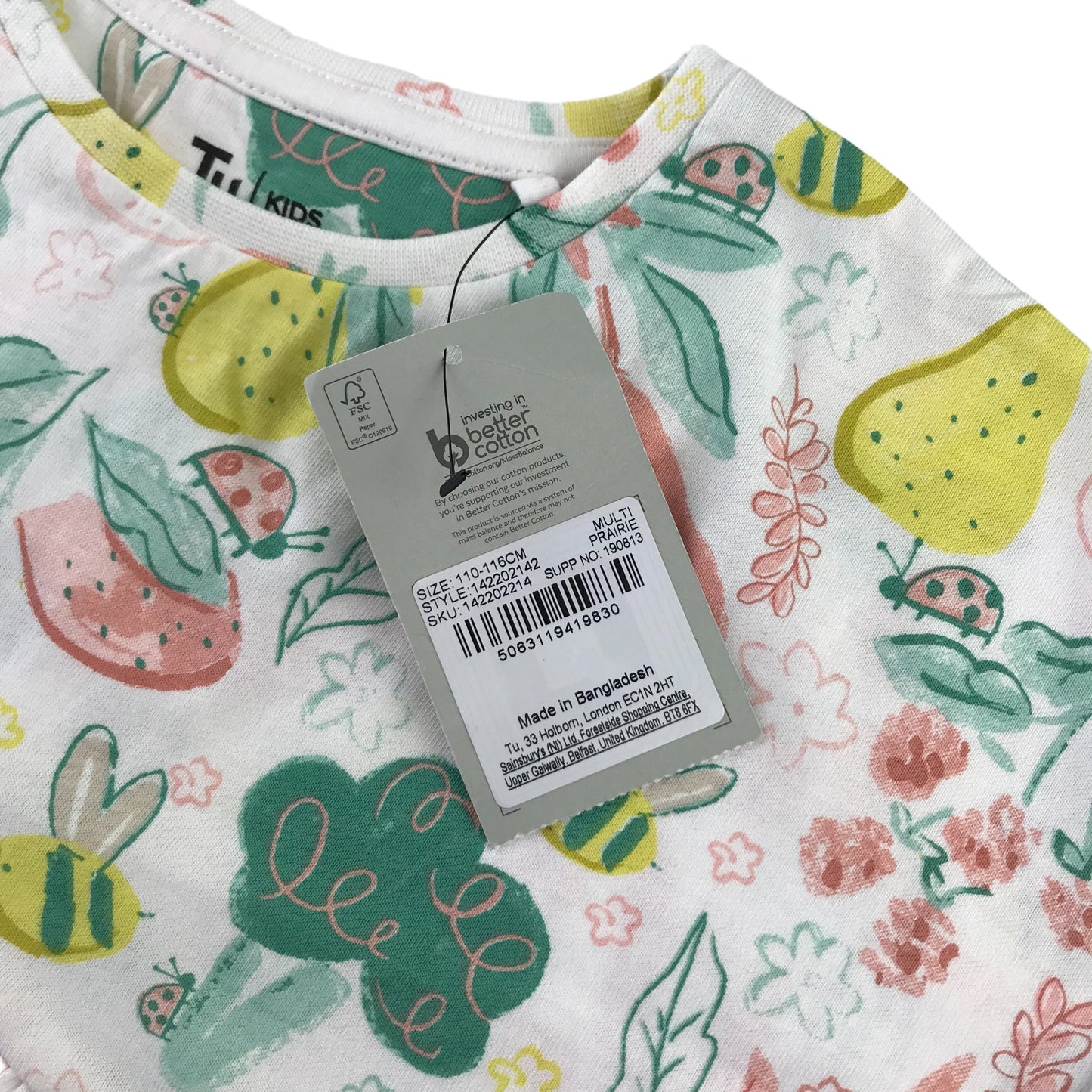 Tu t-shirt 5-6 years white and multicolour flowers bees and fruit cotton