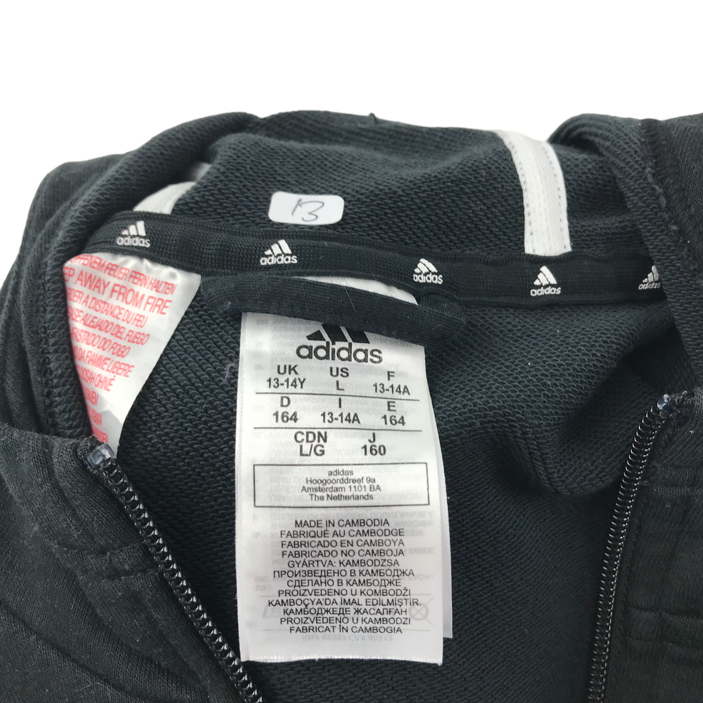 Adidas Hoodie Age 13 Black Full Zip and Pockets