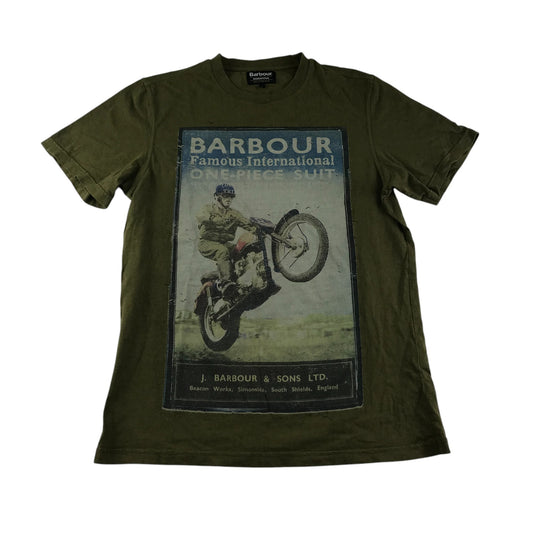 Barbour t-shirt men size L khaki green cycling print short sleeve