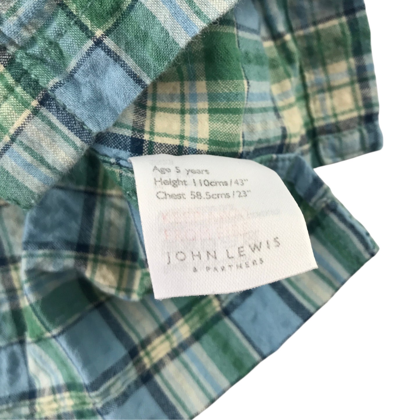 John Lewis 5 years green check shirt cotton