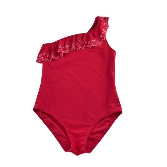 John Lewis 10-11 years red swim costume asymmetric frill detail nylon polyester elastane