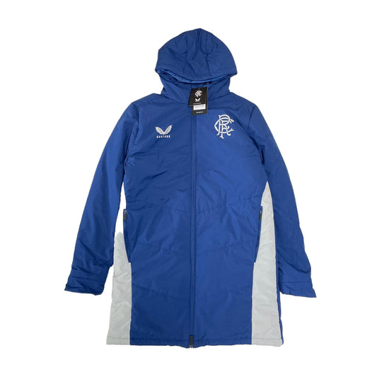 Castore Rangers FC Players Long Match Day Bench jacket women's size UK 10 blue and white parka