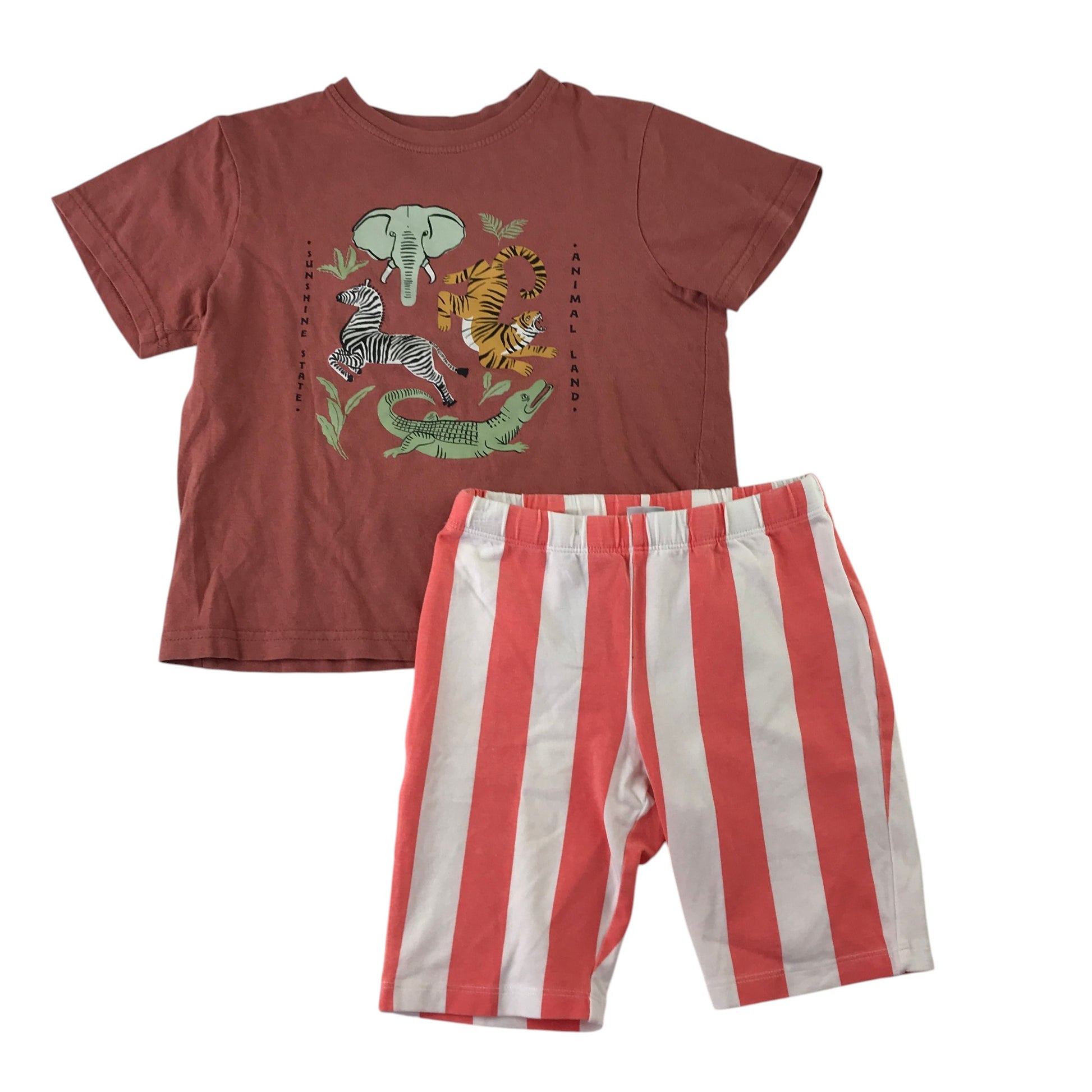 Lindex and Primark summer bundle 6-7 years burnt orange t-shirt and stripy shorts cotton elastane