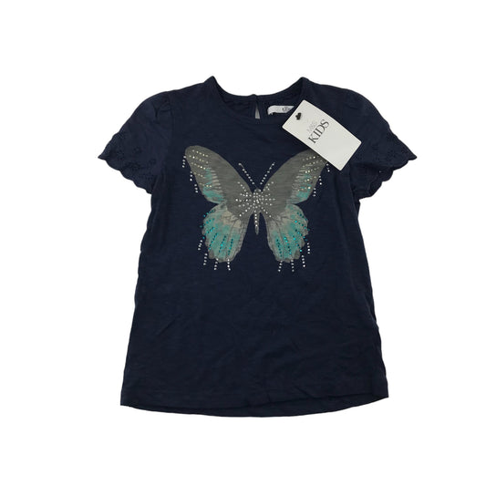 M&S t-shirt 4-5 years navy blue short sleeve butterfly print and rhinestones