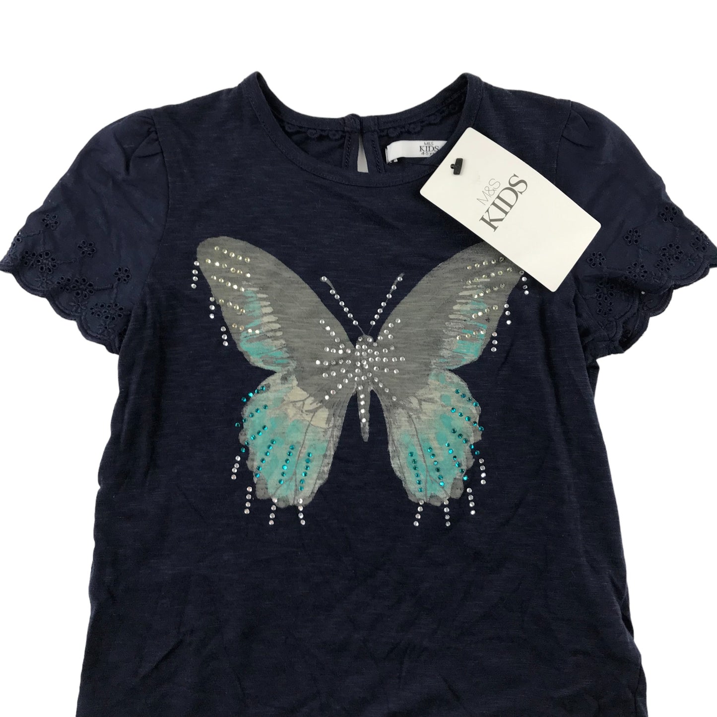 M&S t-shirt 4-5 years navy blue short sleeve butterfly print and rhinestones