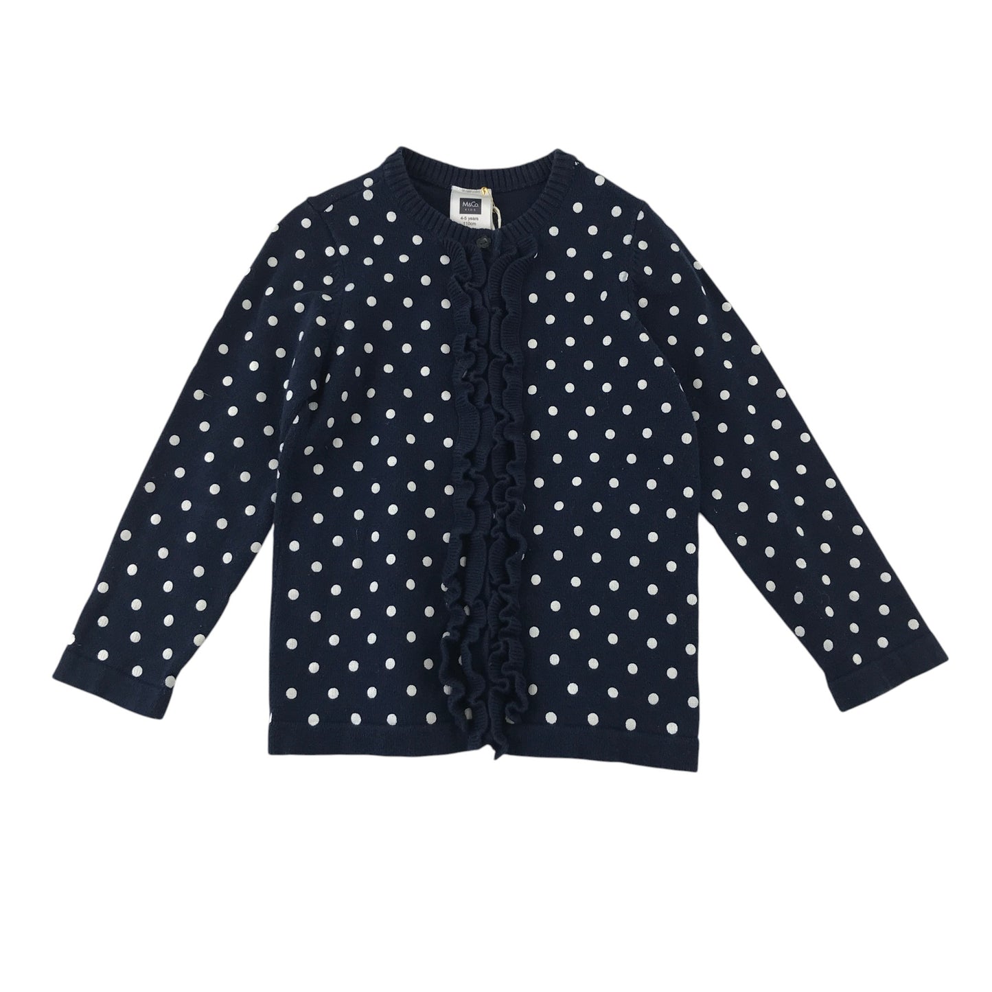 M&Co 4-5 years navy blue cardigan polka dot frill detail