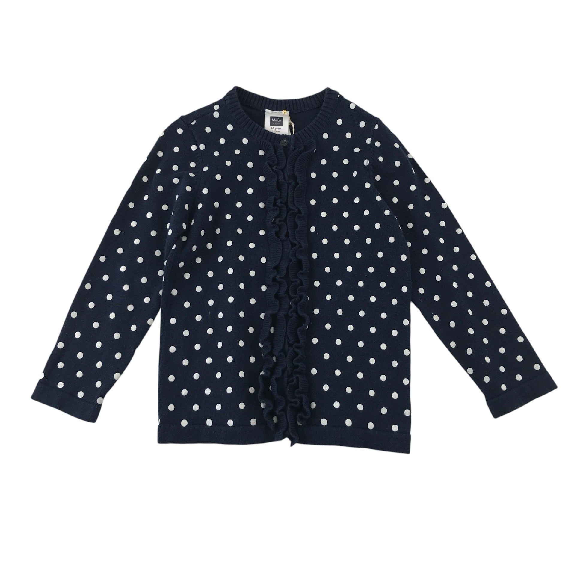 M&Co 4-5 years navy blue cardigan polka dot frill detail