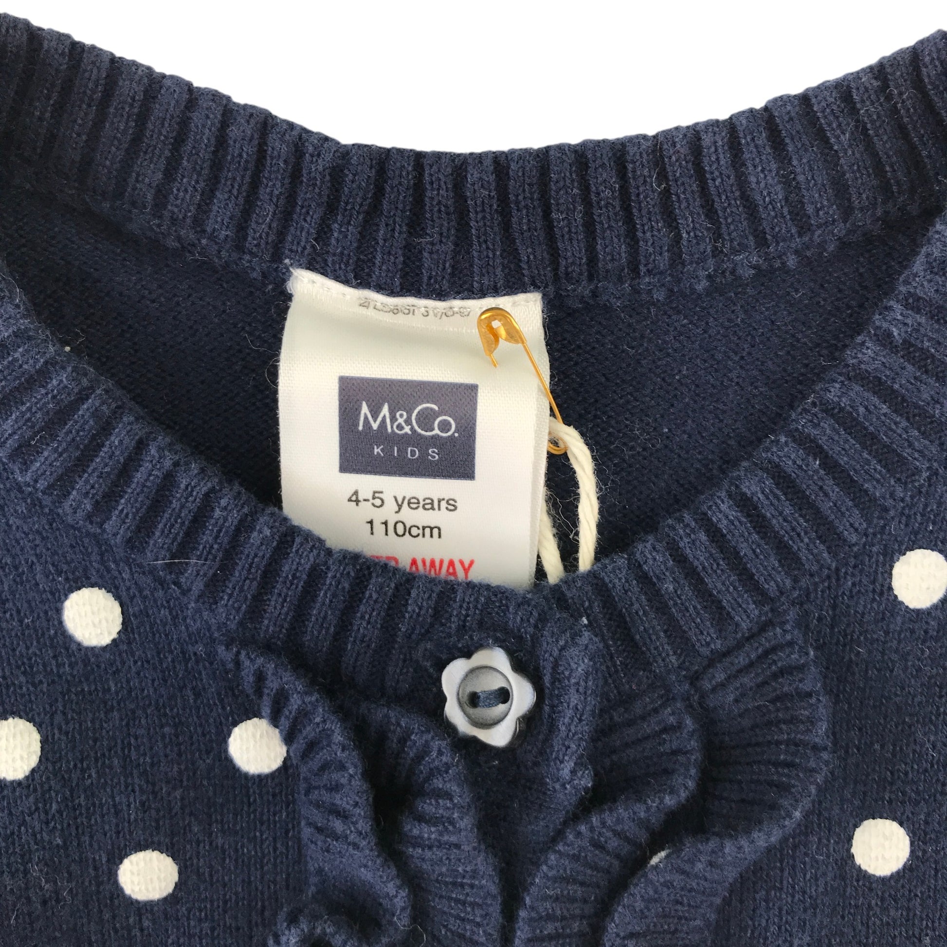 M&Co 4-5 years navy blue cardigan polka dot frill detail