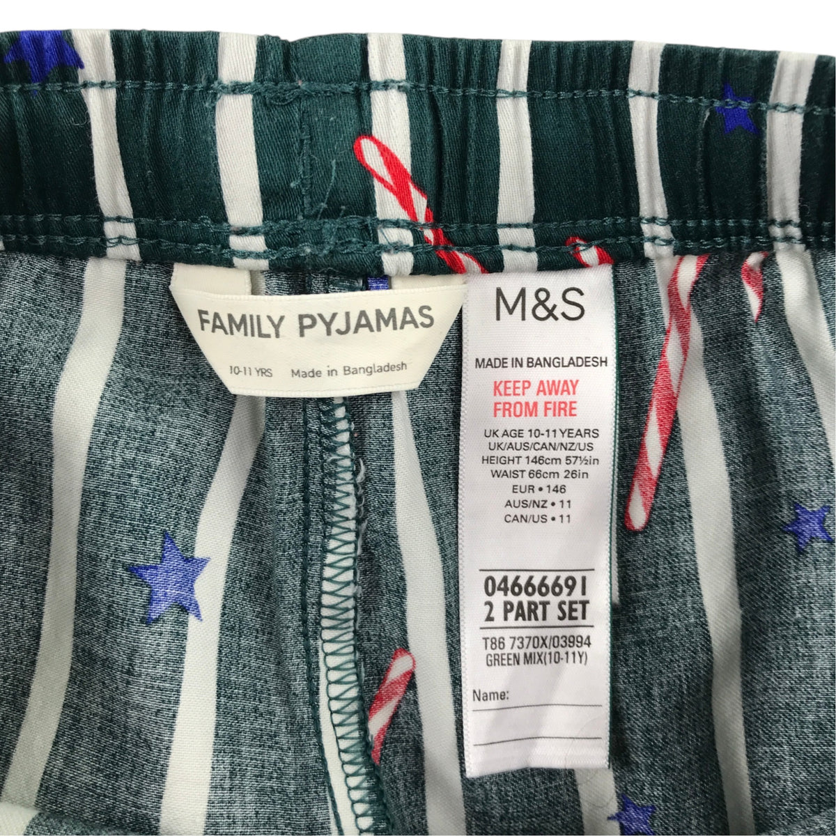 M&S 10-11 dark green stripe festive pyjama set cotton