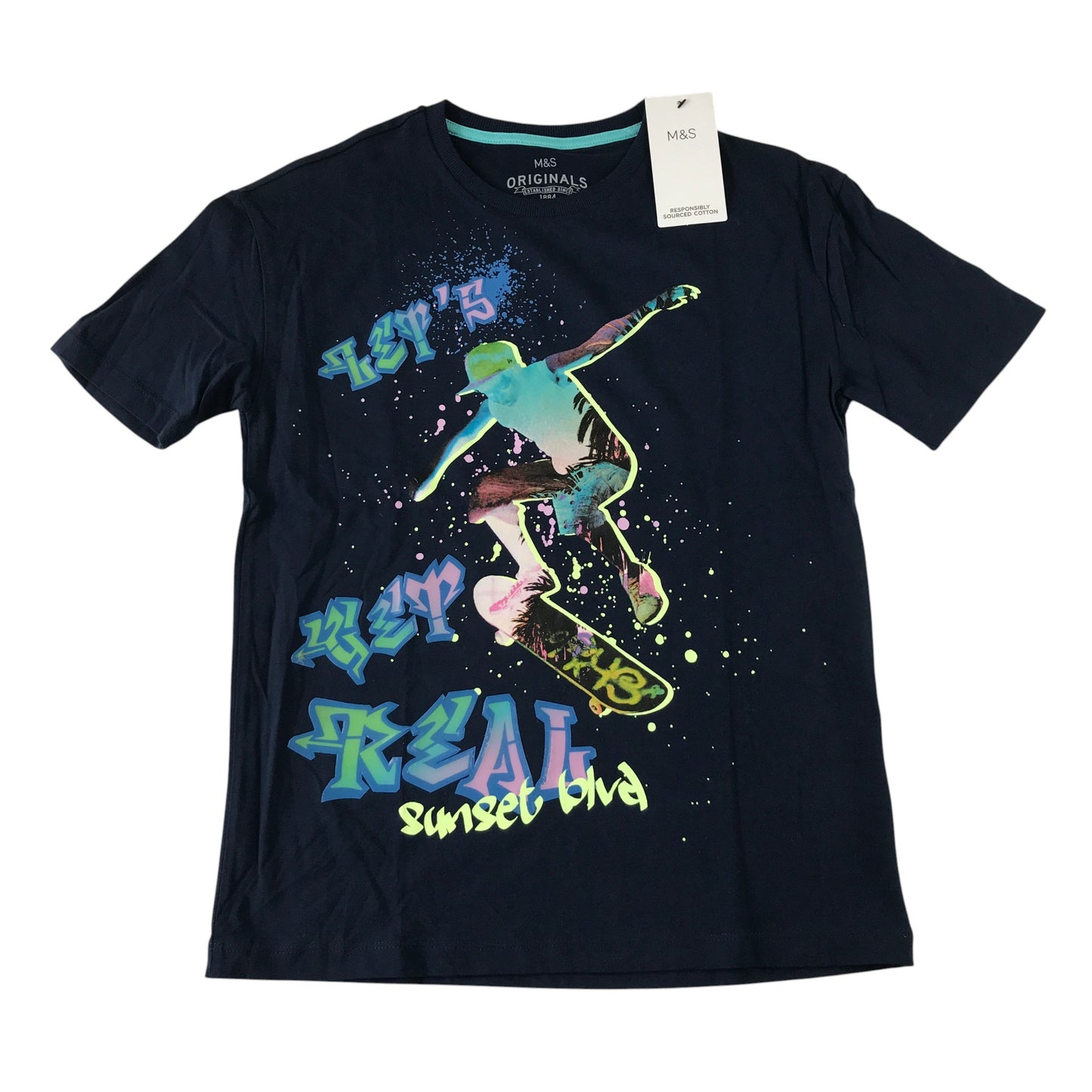 M&S 11-12 years navy cotton t-shirt scateboard print