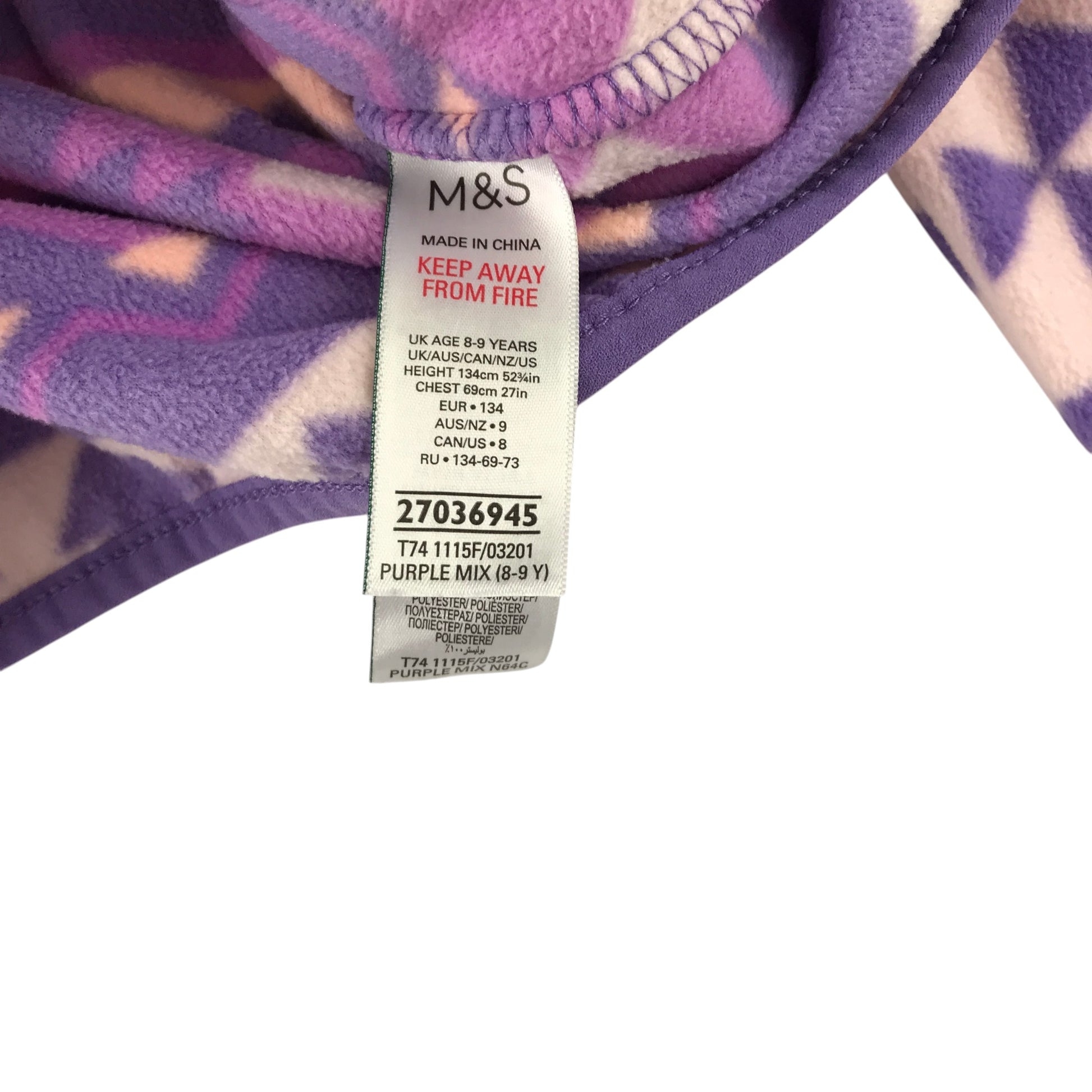 M&S 8-9 lilac and peach fleece graphic pattern polyester