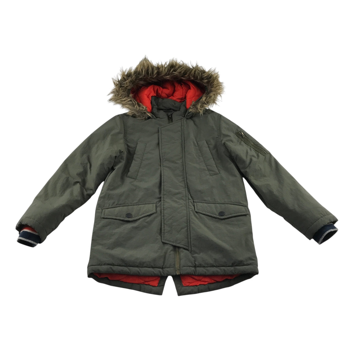 M&S 8-9 years green khaki parka jacket faux fur hood polyamide acrylic polyester