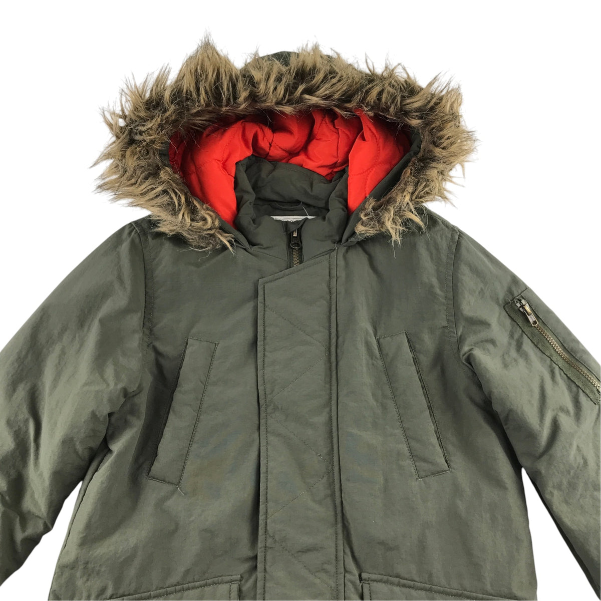 M&S 8-9 years green khaki parka jacket faux fur hood polyamide acrylic polyester