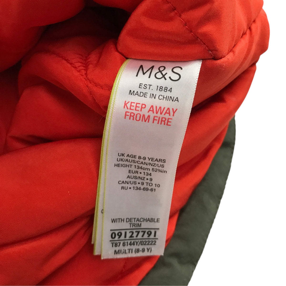M&S 8-9 years green khaki parka jacket faux fur hood polyamide acrylic polyester