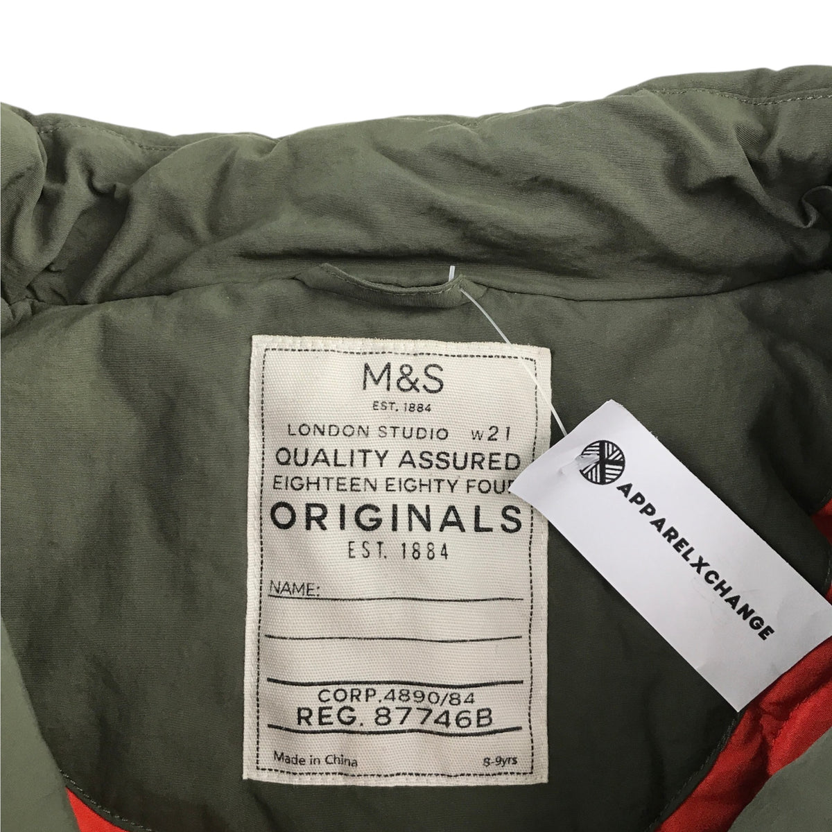 M&S 8-9 years green khaki parka jacket faux fur hood polyamide acrylic polyester