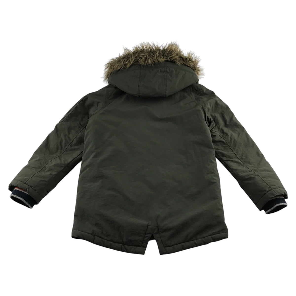 M&S 8-9 years green khaki parka jacket faux fur hood polyamide acrylic polyester