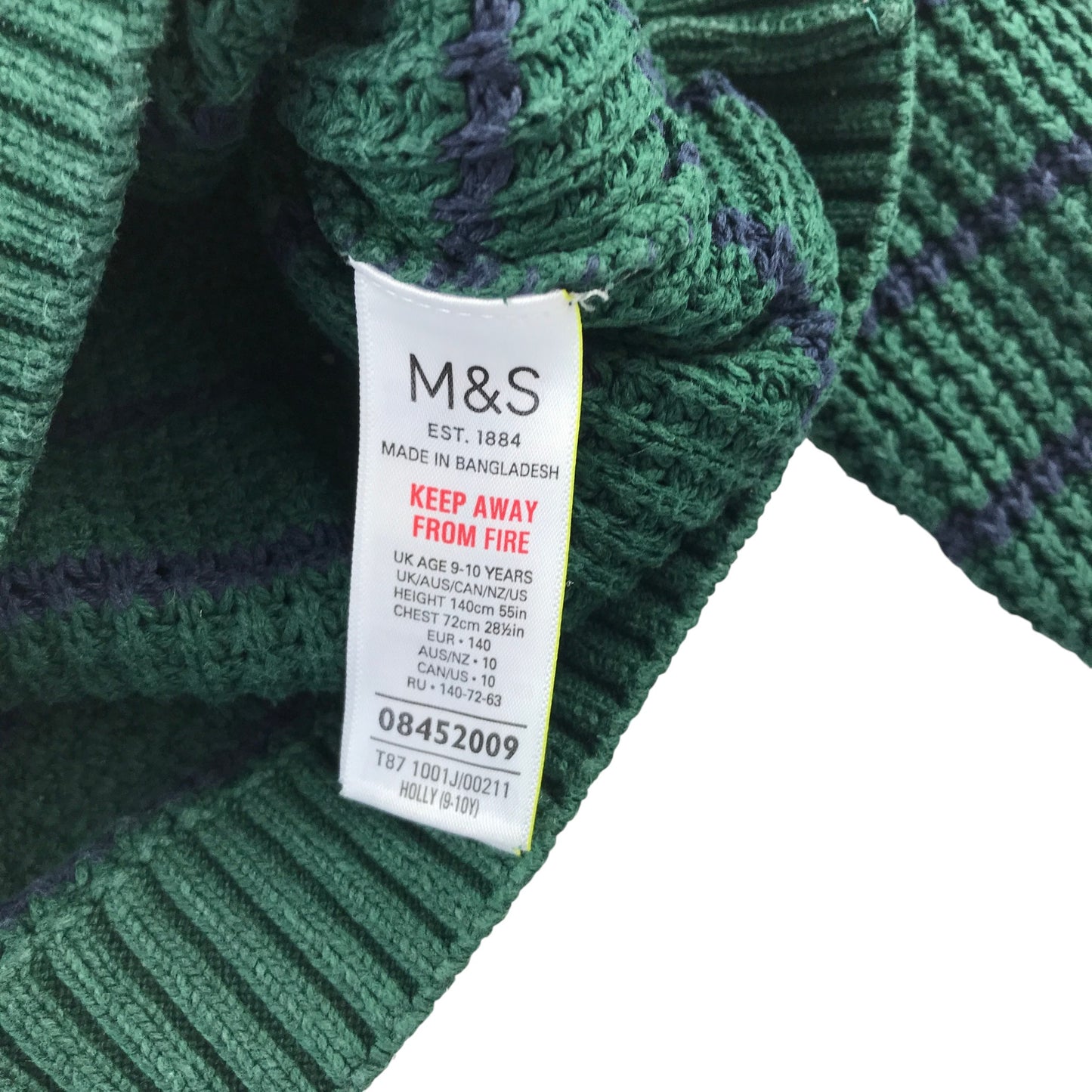 M&S 9-10 years green and navy stripy jumper cotton