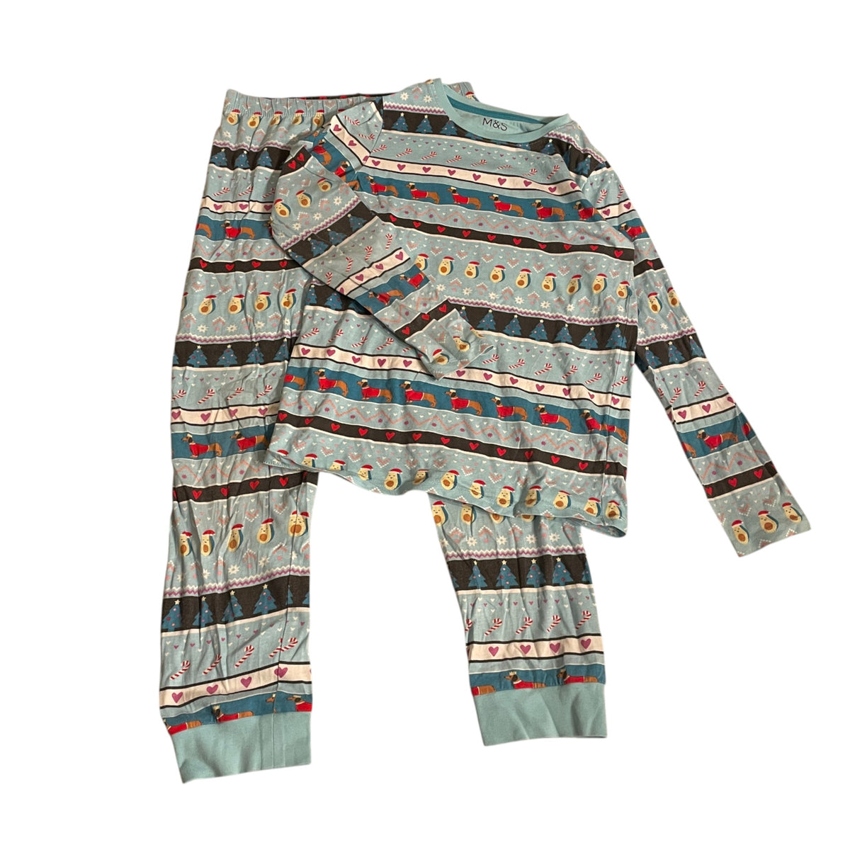 M&S 10-11 years light blue pyjama set Christmas avocado cotton
