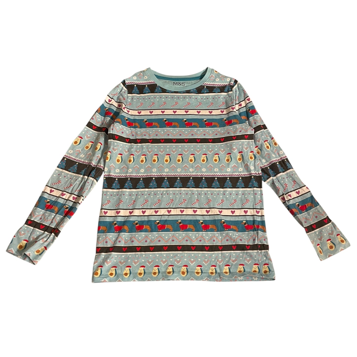 M&S 10-11 years light blue pyjama set Christmas avocado cotton