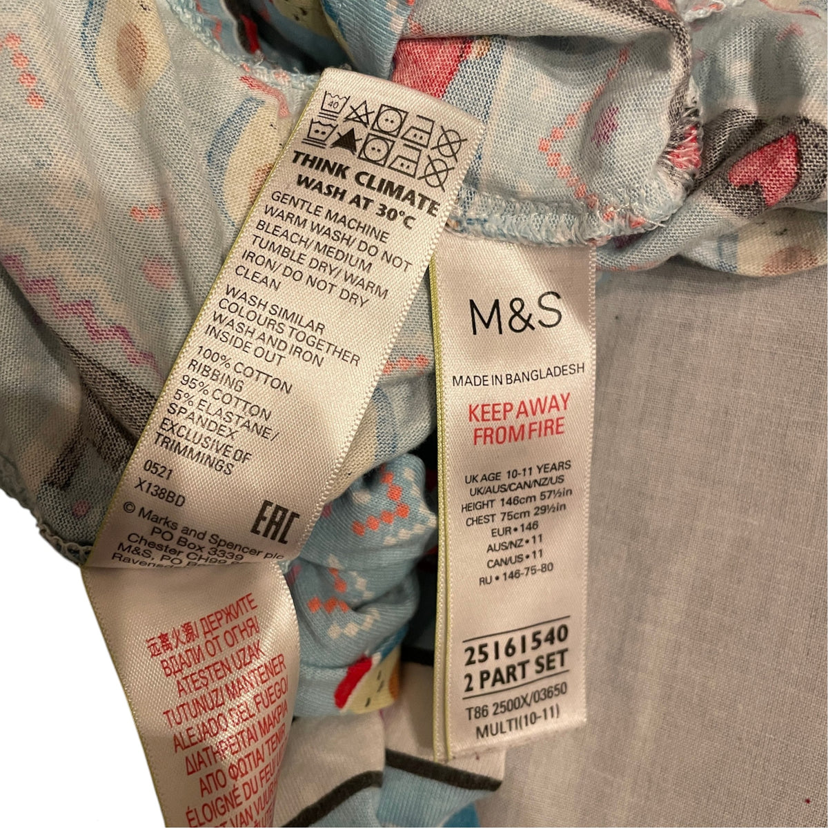 M&S 10-11 years light blue pyjama set Christmas avocado cotton