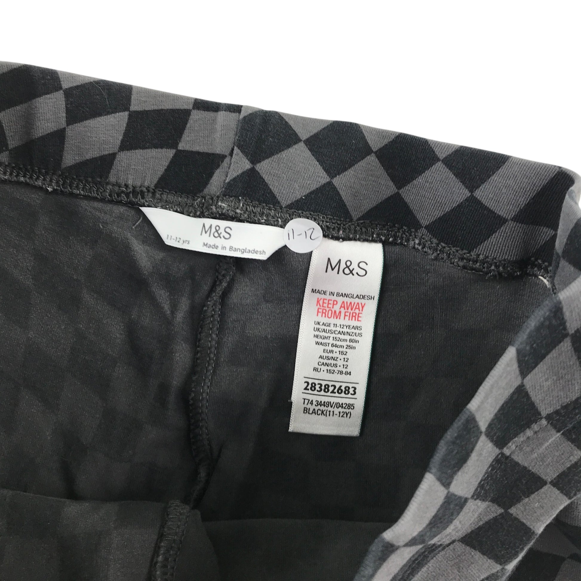 M&S 11-12 years black and grey check pattern leggings cotton elastane