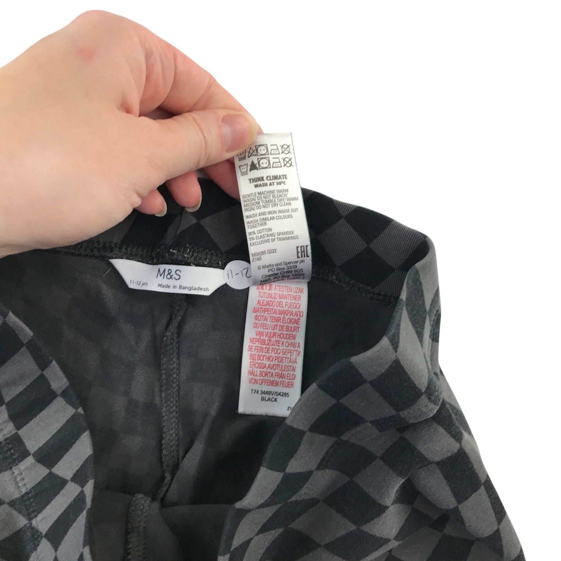 M&S 11-12 years black and grey check pattern leggings cotton elastane
