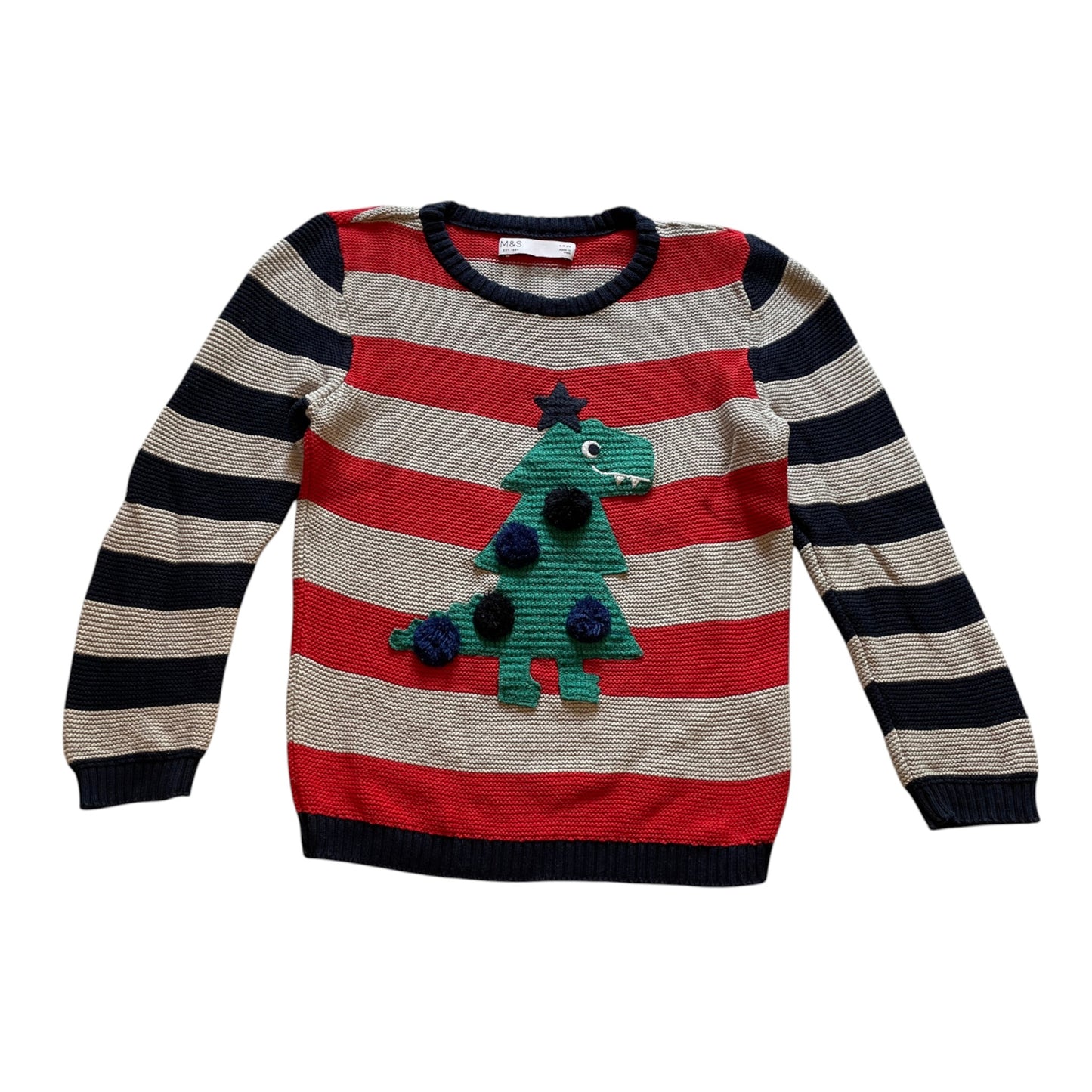 M&S 4-5 years red stripy T-rex tree Christmas jumper cotton
