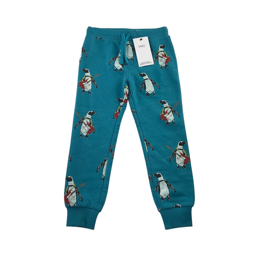 M&S 5-6 years teal joggers rock and roll penguin cotton polyester