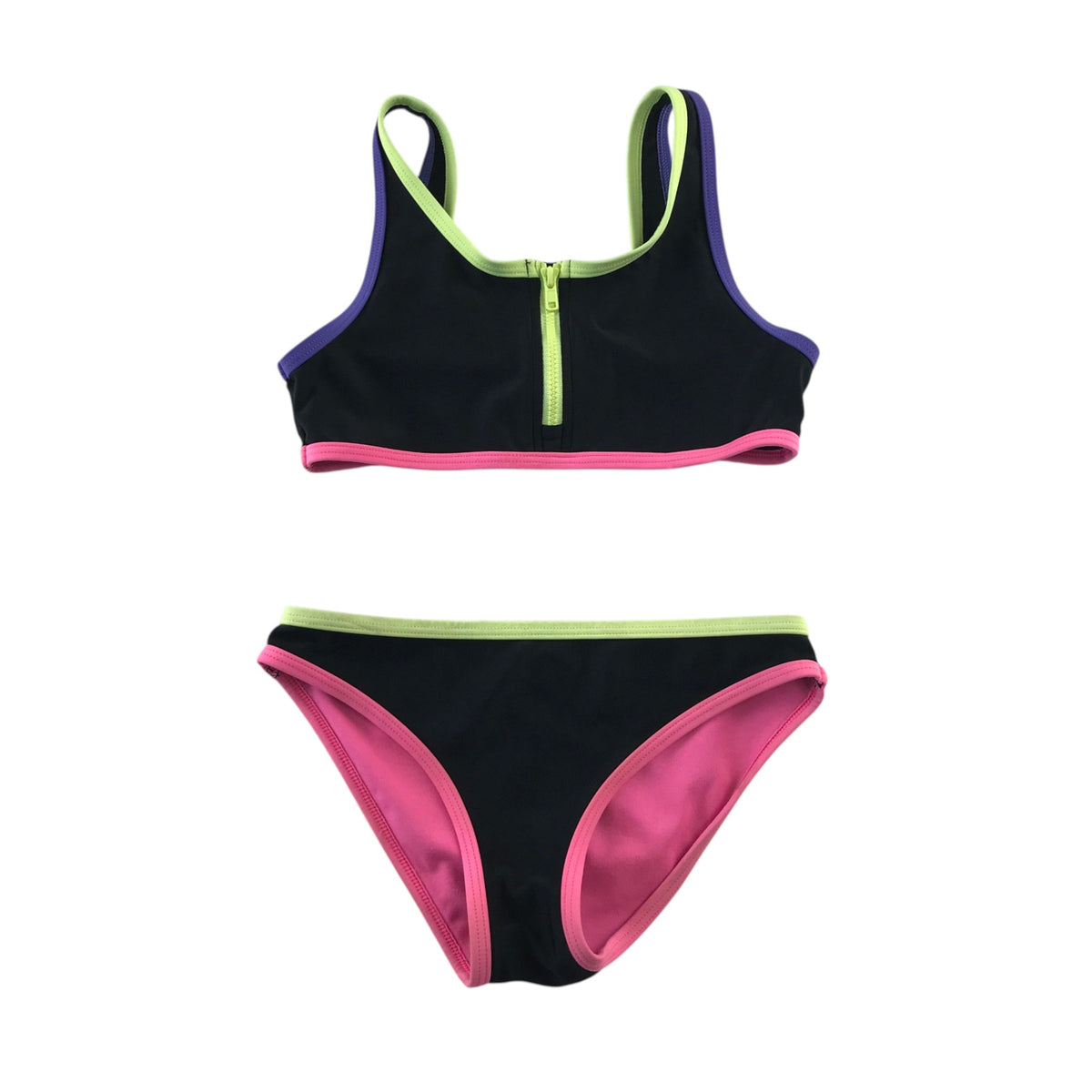 M&S 6-7 years black swim costume 2-piece neon polyamide elastane polyester