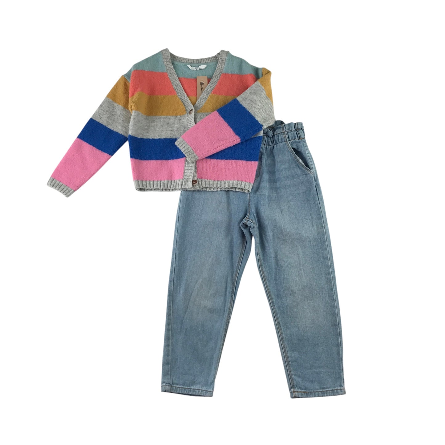 M&S and Primark 5-6 years multi-colour cardigan and jeans bundle stripy