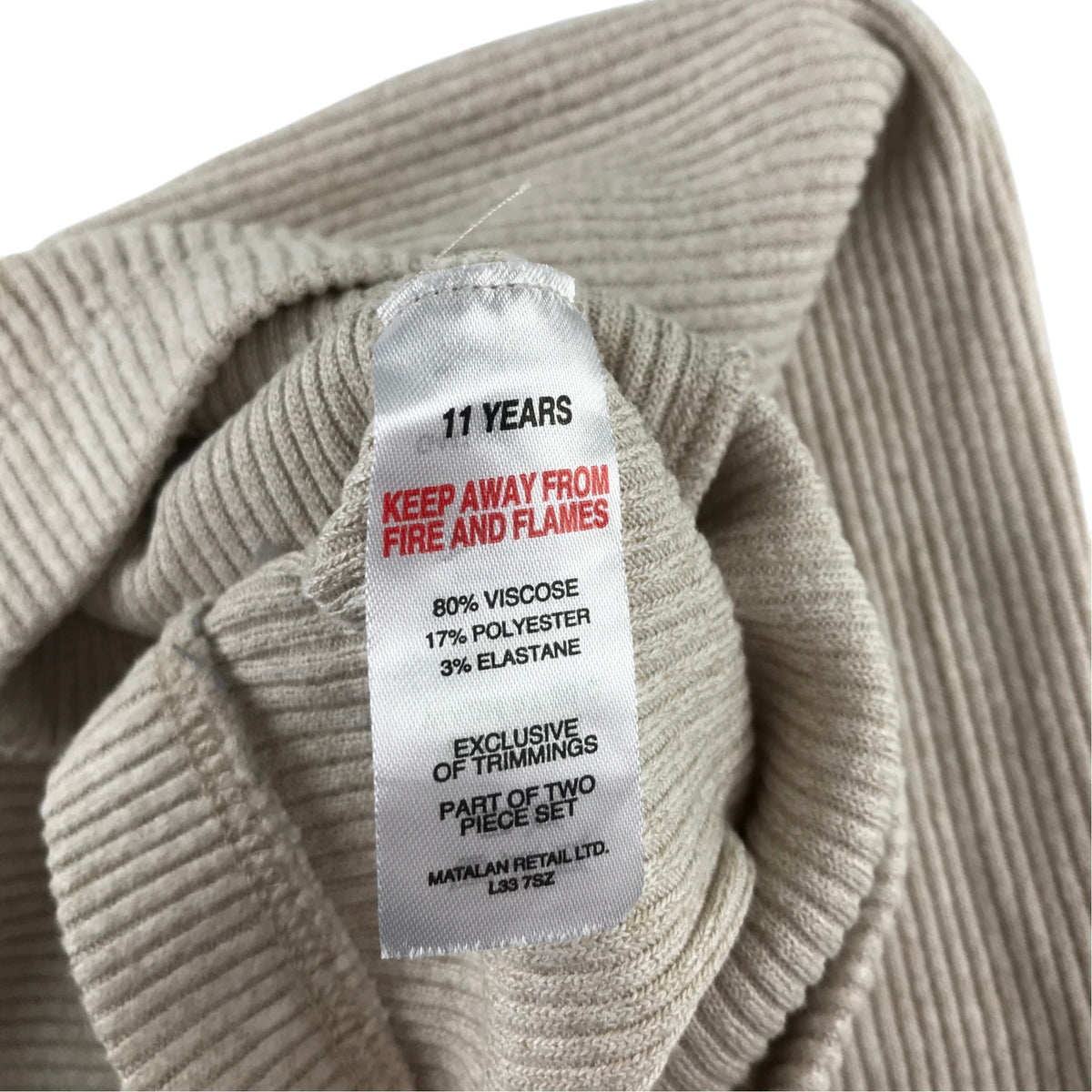 Matalan 11 years beige ribbed two piece set viscose polyester elastane