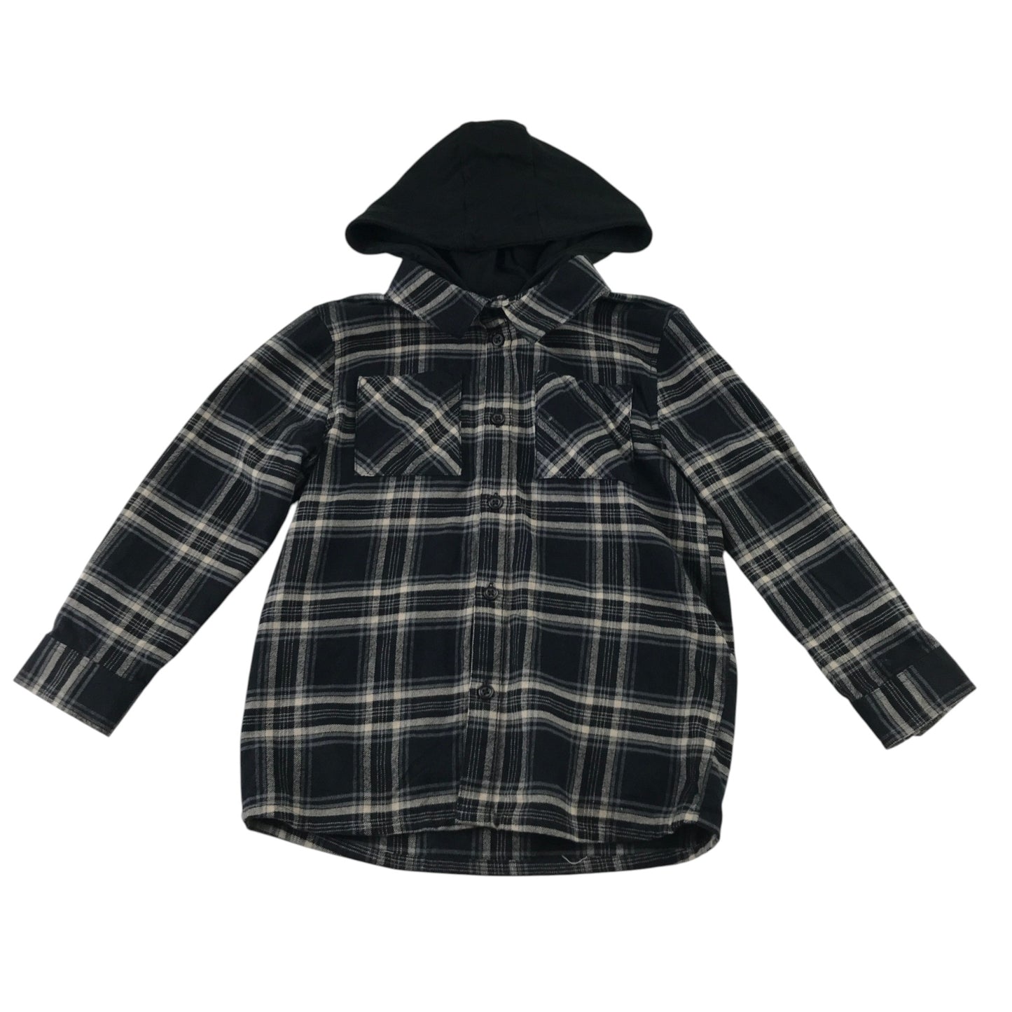 Matalan 8 years black tartan check hooded shirt cotton