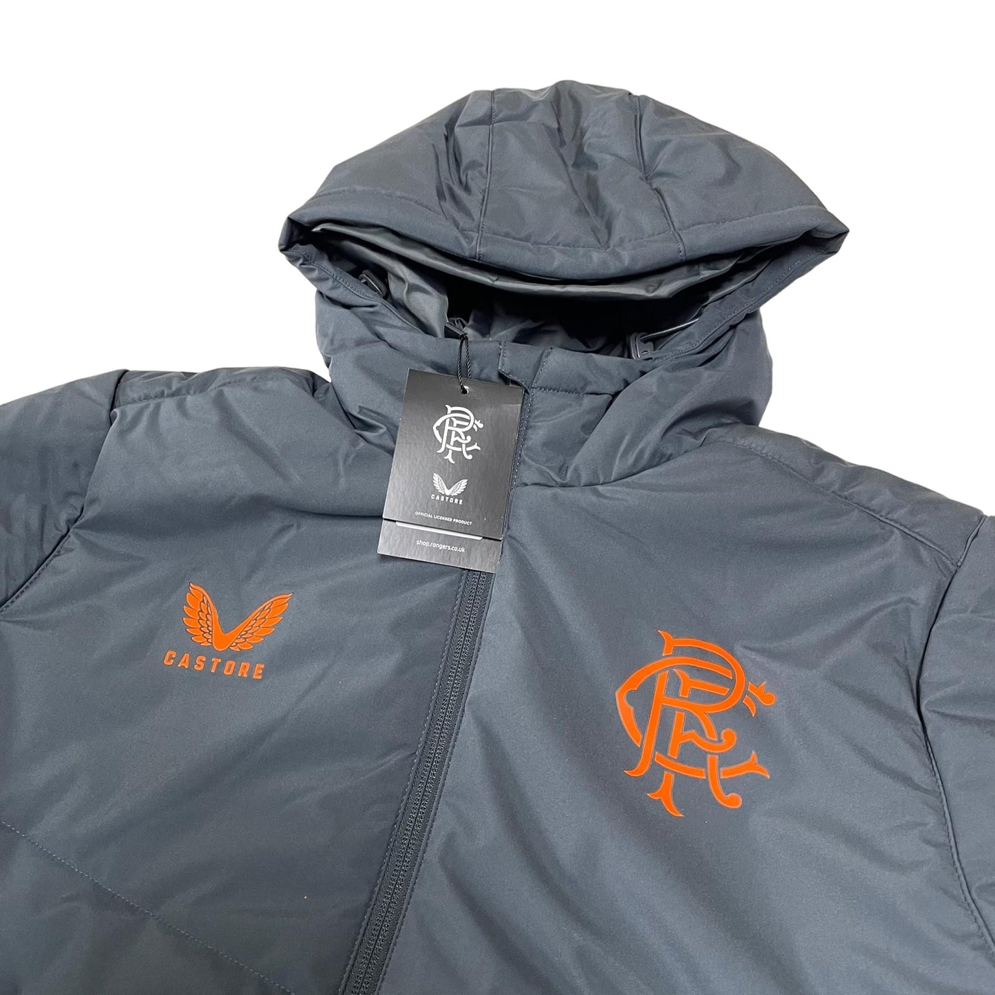 Castore Rangers FC Coaches Long Training Bench Jacket men's size S grey and orange parka