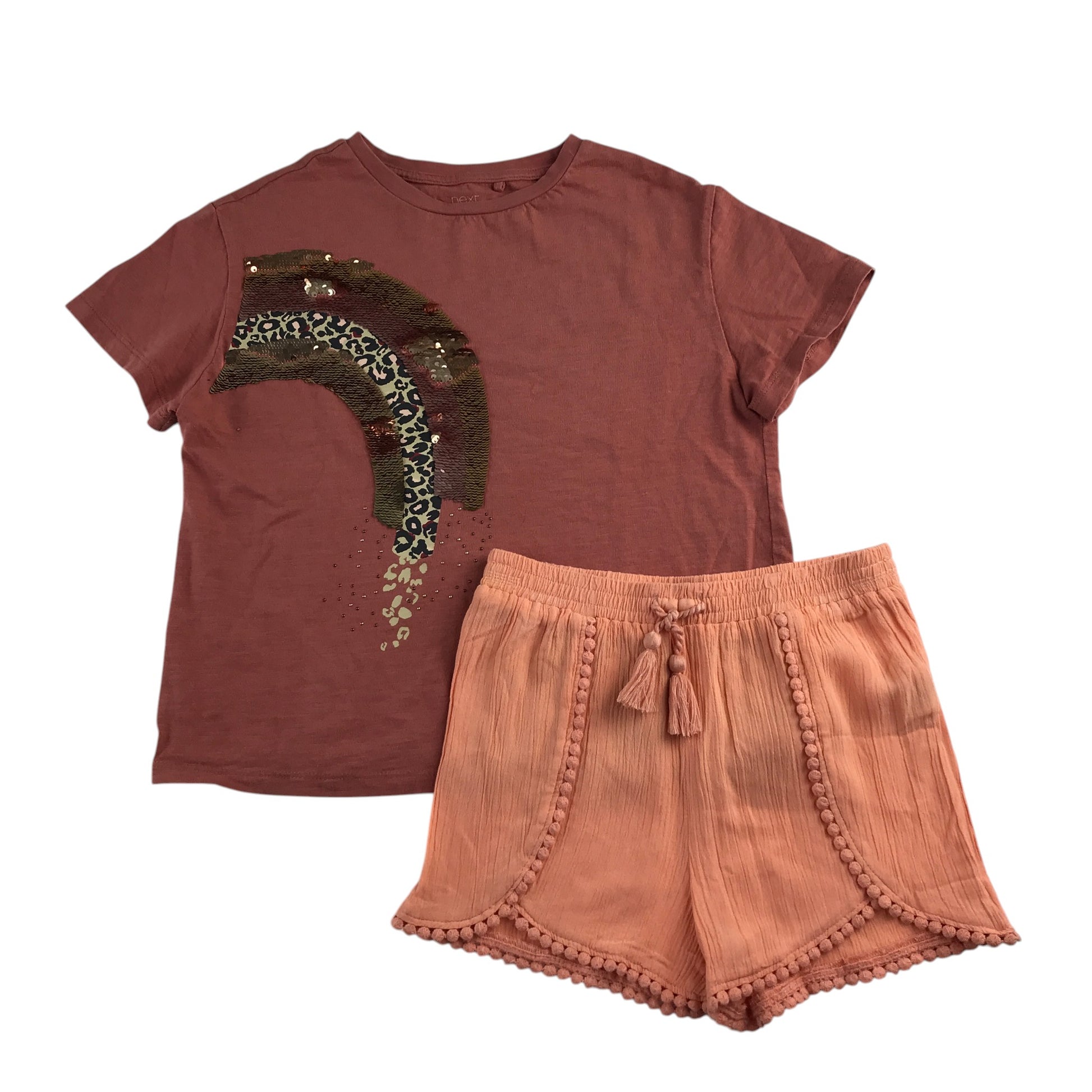 Next and F&F summer bundle 5-6 years brown sequin t-shirt and orange shorts cotton viscose