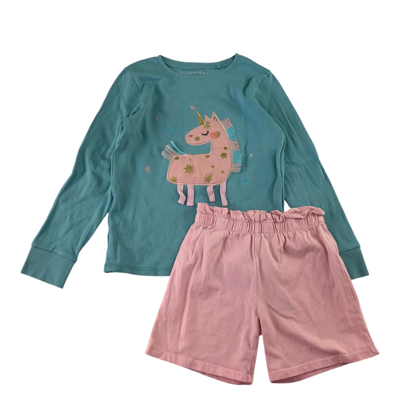 Next and George pyjama set 6-7 years blue unicorn top and pink shorts cotton