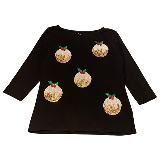 Nutmeg UK 10 women's black t-shirt Christmas sequin pudding cotton elastane