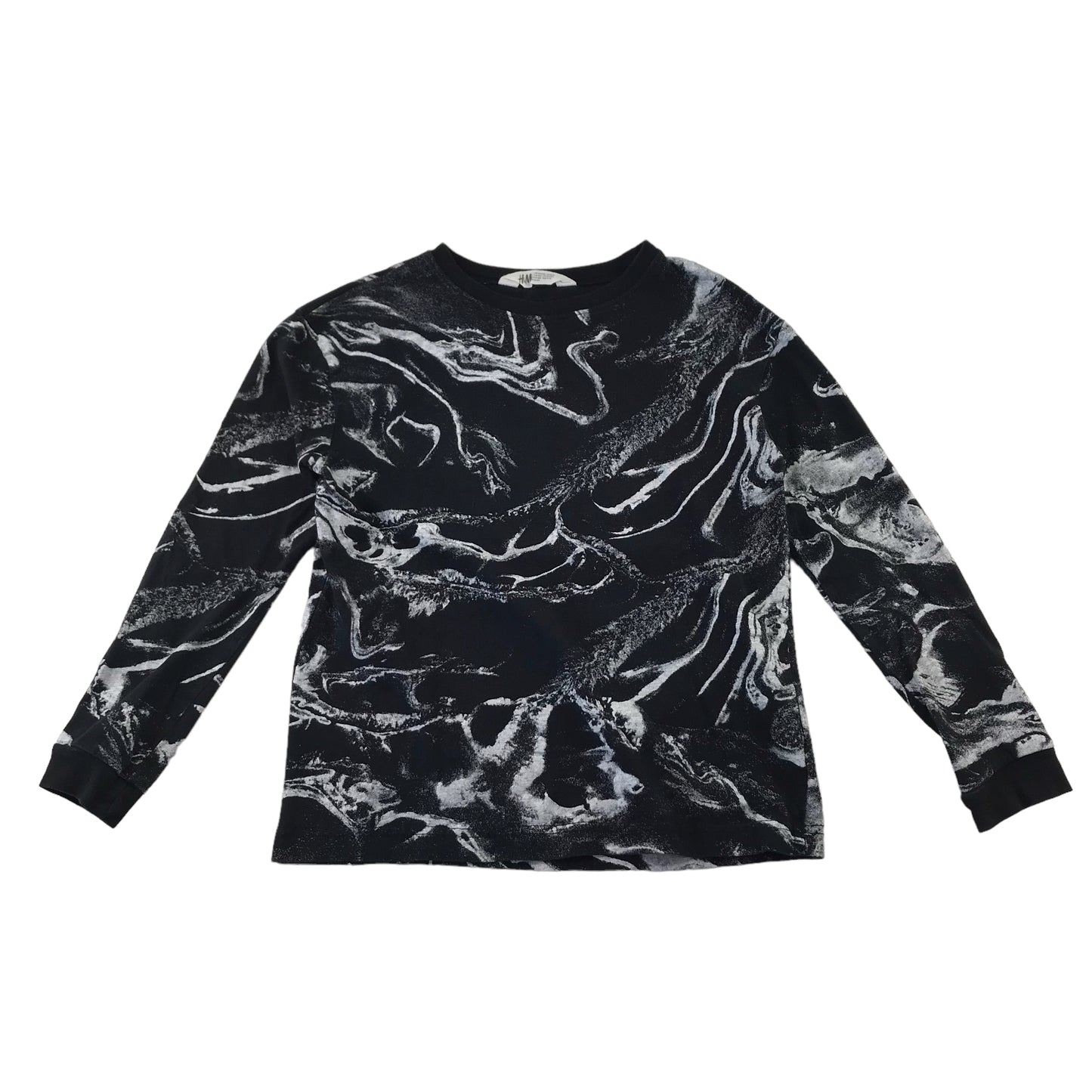 H&M T-Shirt 9-10 Years Black with White Waves Cotton