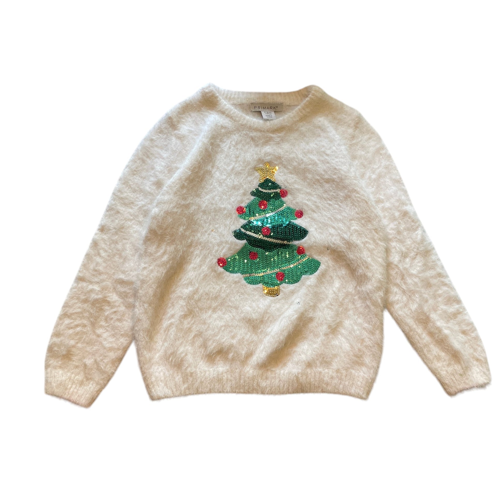 Primark 5-6 years white fluffy Christmas tree jumper polyamide acrylic