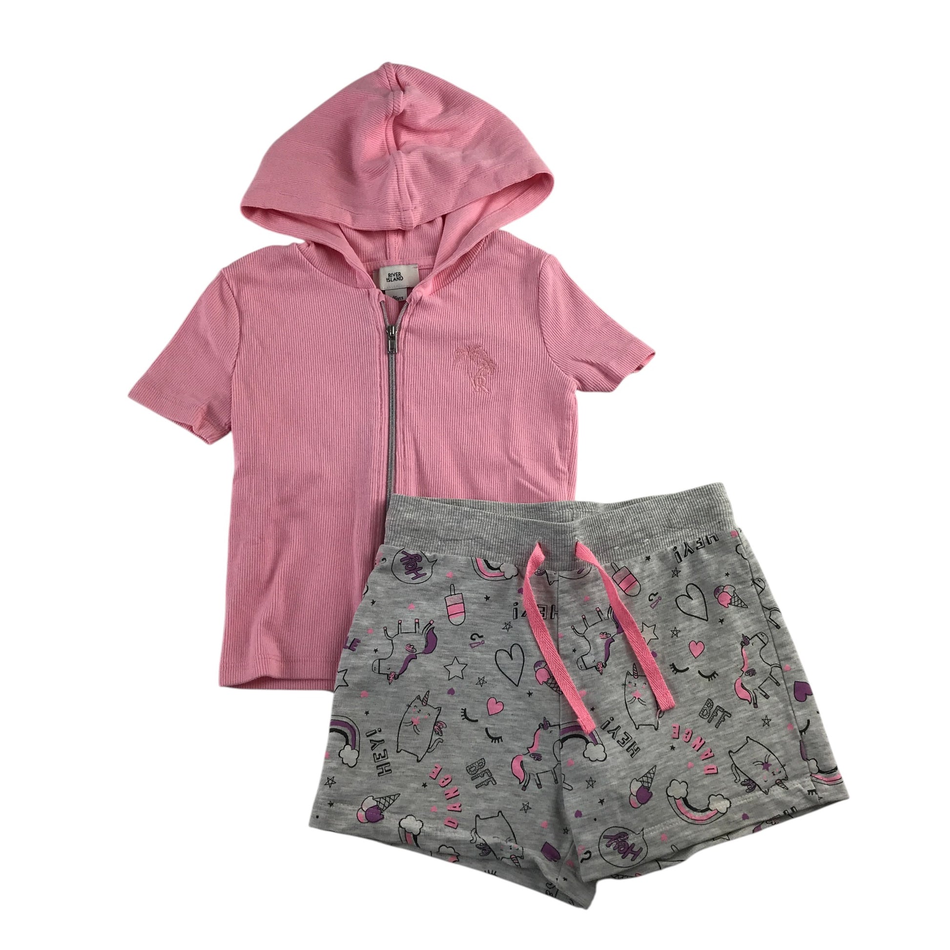 River Island and George summer bundle 5-6 years pink hooded t-shirt and grey shorts cotton viscose elastane