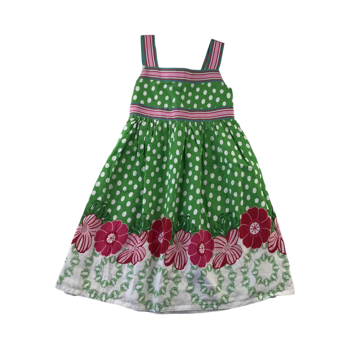 John Lewis Dress Age 7 Green Polka and Floral Cotton