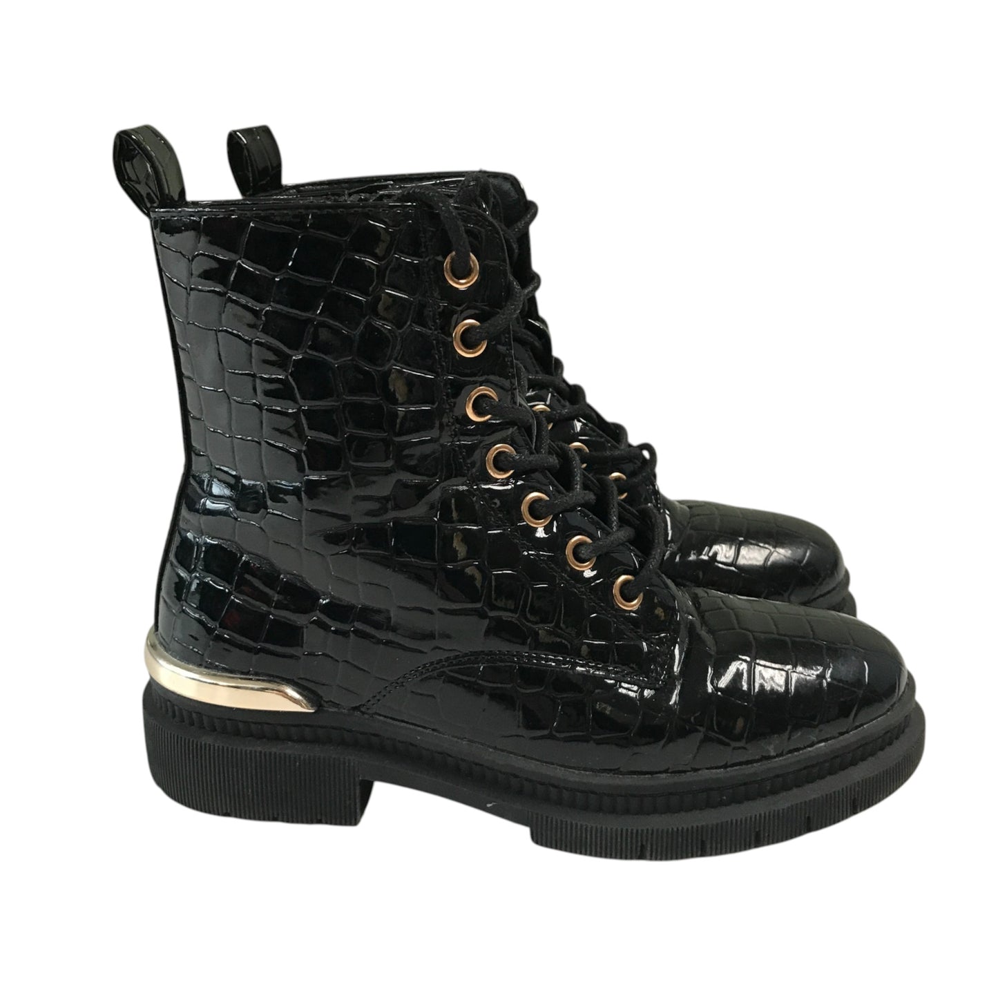 Schuh size 13 junior black glossy faux leather boots