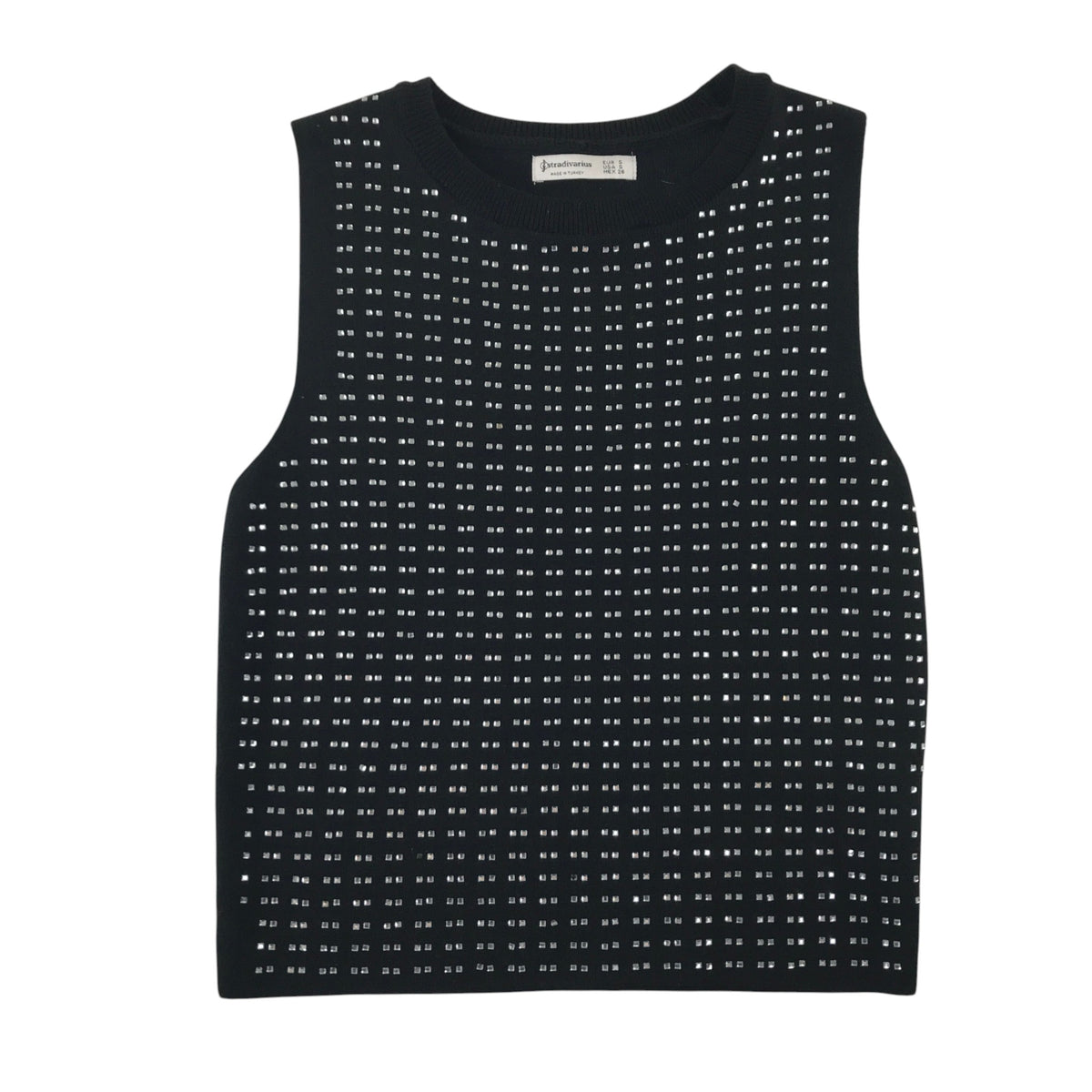 Stradivarius women's size S black cropped vest knitted with gem stones viscose polyamide